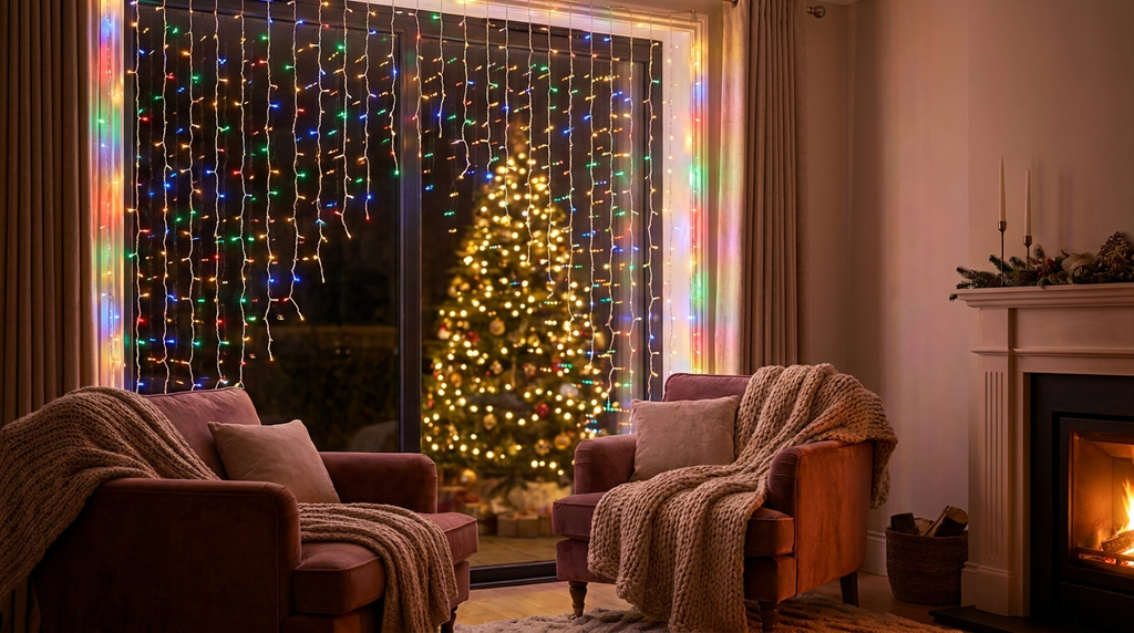 Kurtyna świetlna LED RGB Bluetooth zawieszona na oknie w świątecznym wnętrzu
