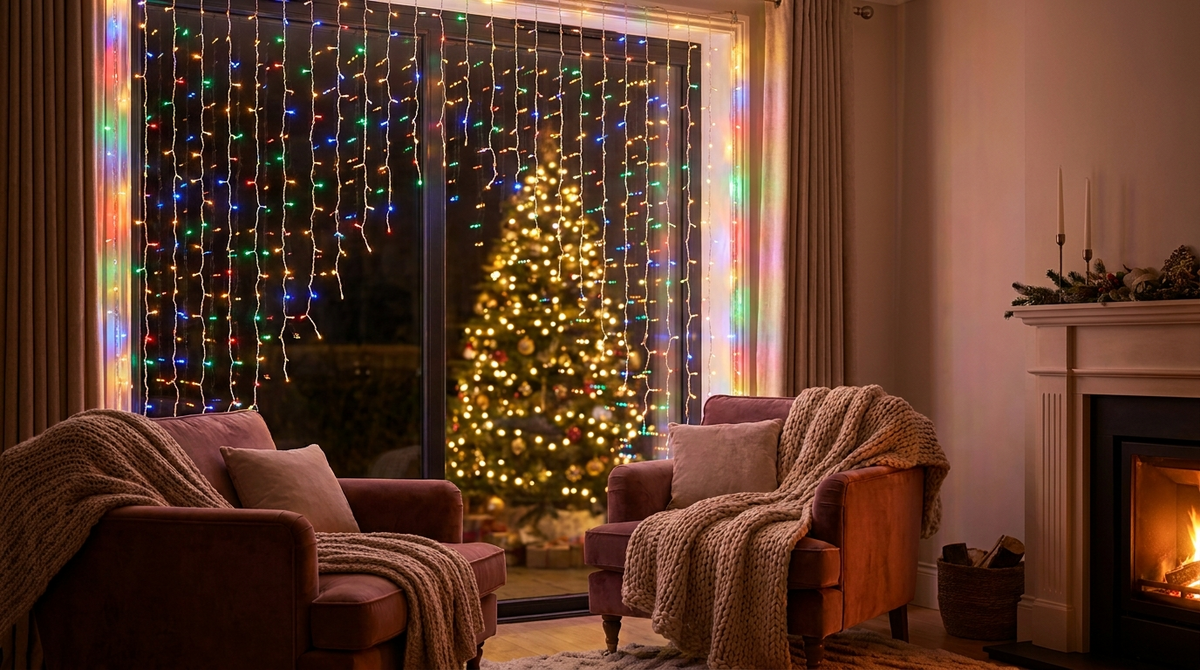 Kurtyna świetlna LED RGB Bluetooth zawieszona na oknie w świątecznym wnętrzu
