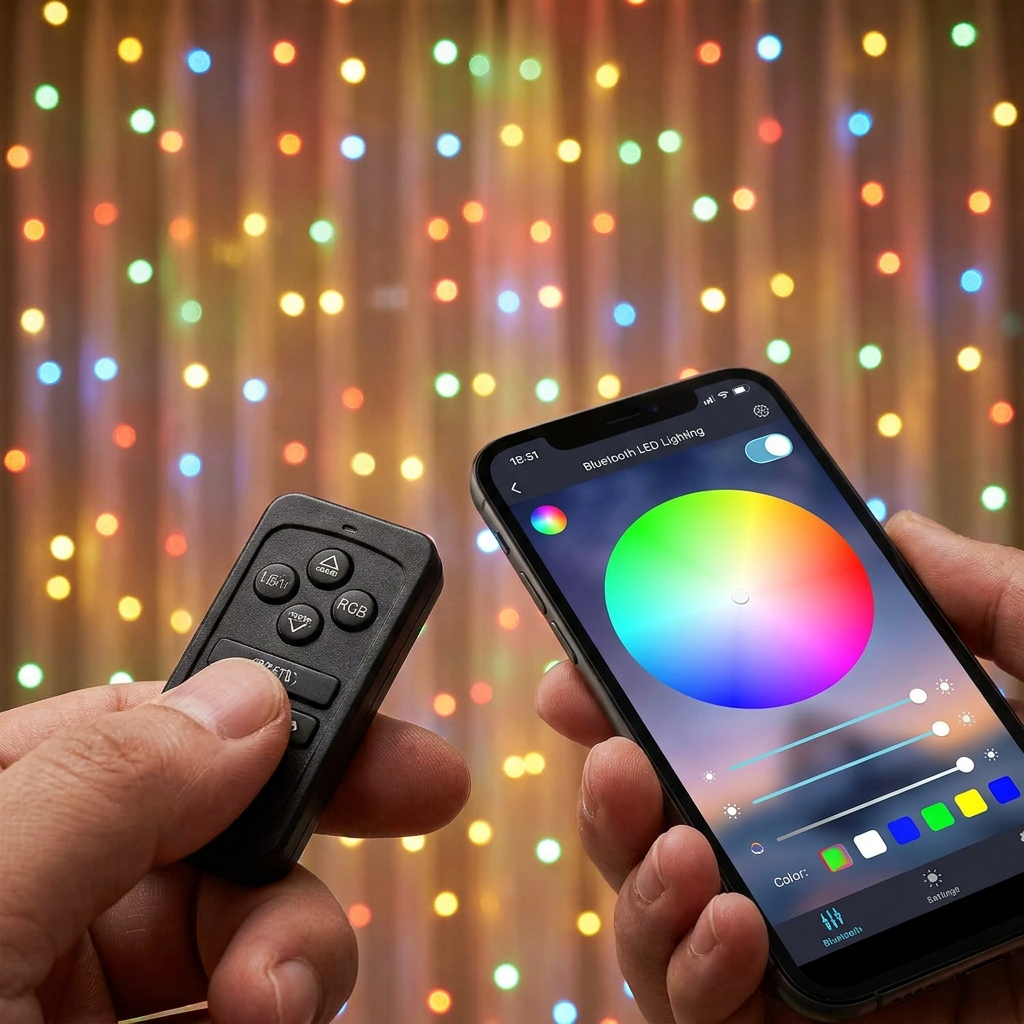 Sterowanie kurtyną świetlną LED przez aplikację Bluetooth i pilot